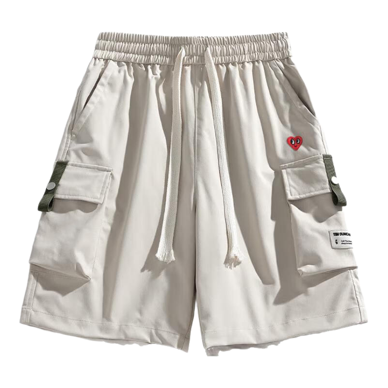 Charles Heart Men's Work Shorts Summer Thin Love Heart Embroidery Beach Loose Breathable Knee-Length Shorts Apricot L