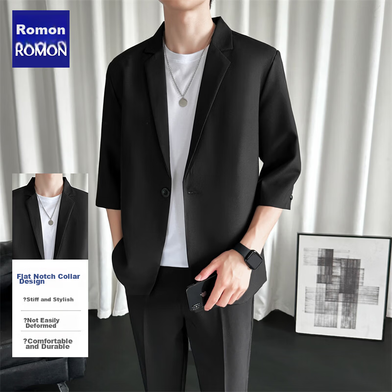 ROMON Men's Summer Breathable Loose Fit Business Casual Trendy Blazer Jacket Black L
