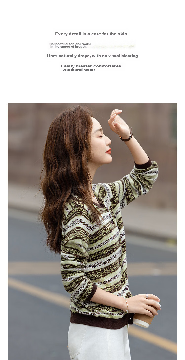 Demana【With Mulberry Silk/Wool】Autumn Vintage Colorblock Jacquard Slim Fit Knit Cardigan for Women Premium 6