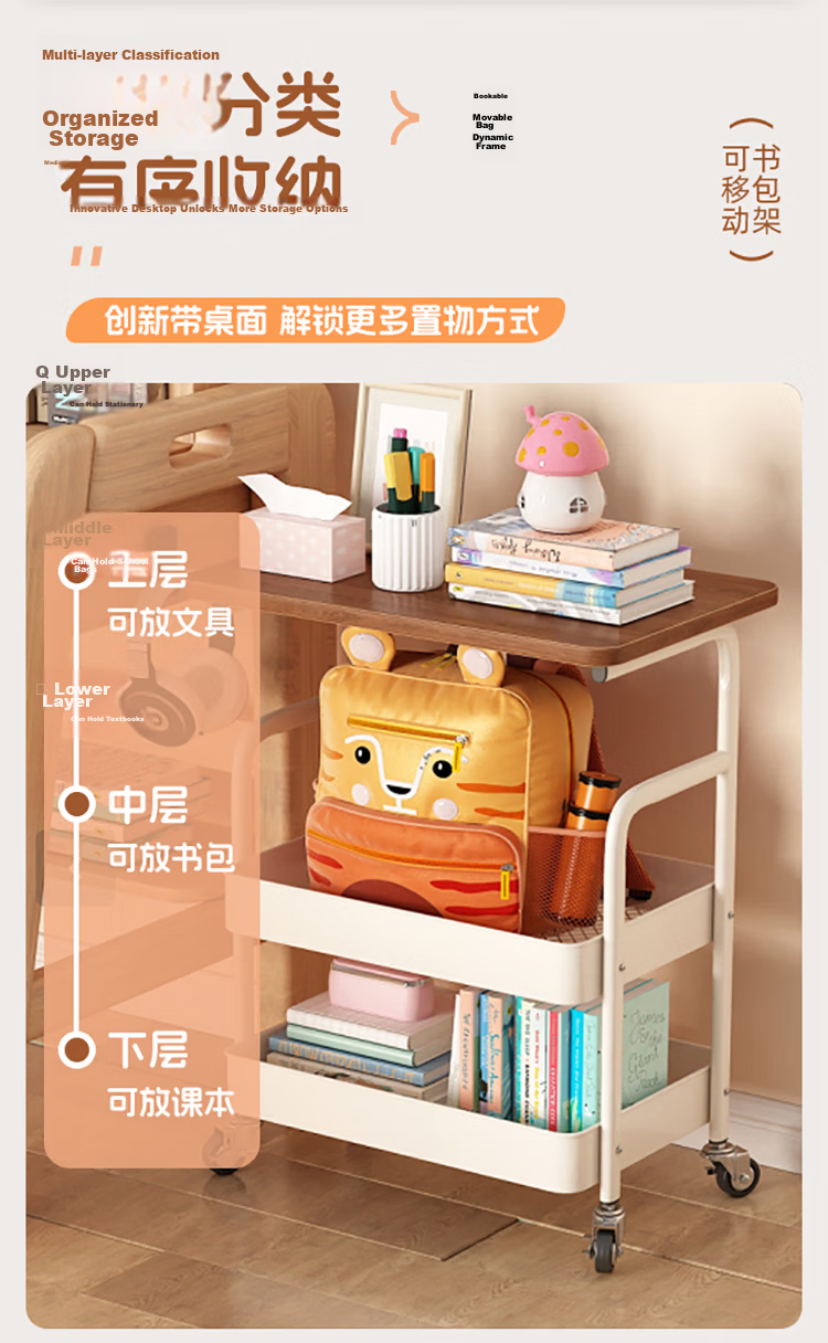 Anerya Mobile Bookshelf Rack Student Desk Under Storage Cart Bag Storage Bedside Cabinet 2-Tier 3