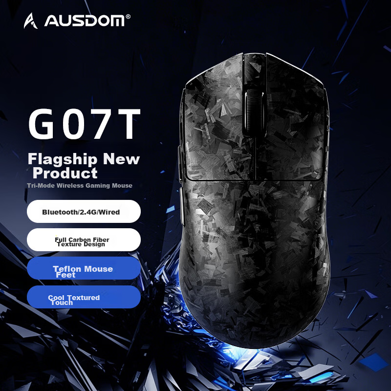AUSDOM G07T Carbon Texture Lightweight Wireless Gaming Mouse Wired/Bluetooth Tri-Mode Connection Office Long Battery Life Ambidextrous Large Hand Size PAW3311 Black