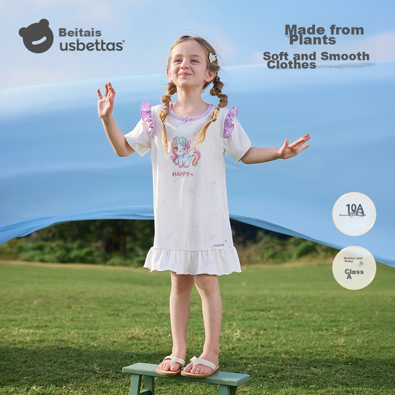Betis Kids Homewear 2026 Summer New Thin Breathable Short Sleeve Nightdress Girls Pajamas Air Conditioning Dress with Lace