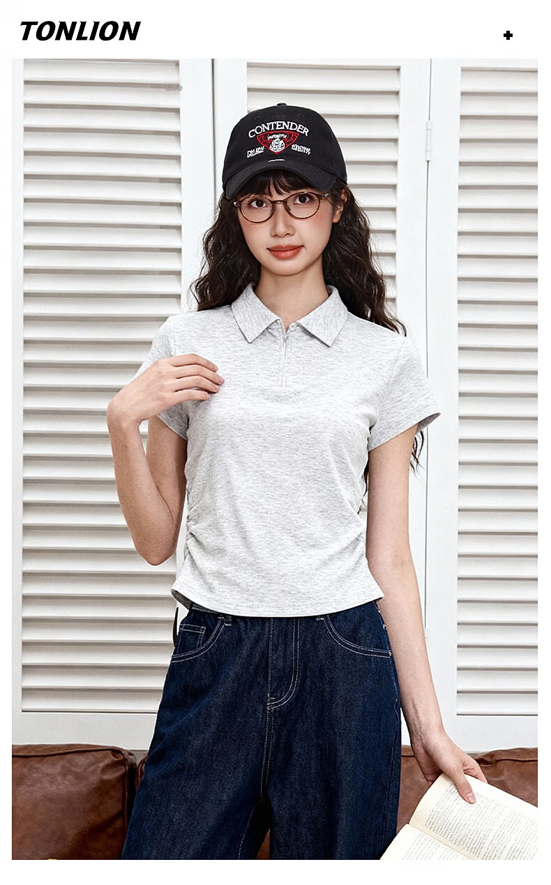 TonLion Women's Short Sleeve Polo T-Shirt Summer New Trendy Pleated Design Slim Fit Skin-Friendly Top 12