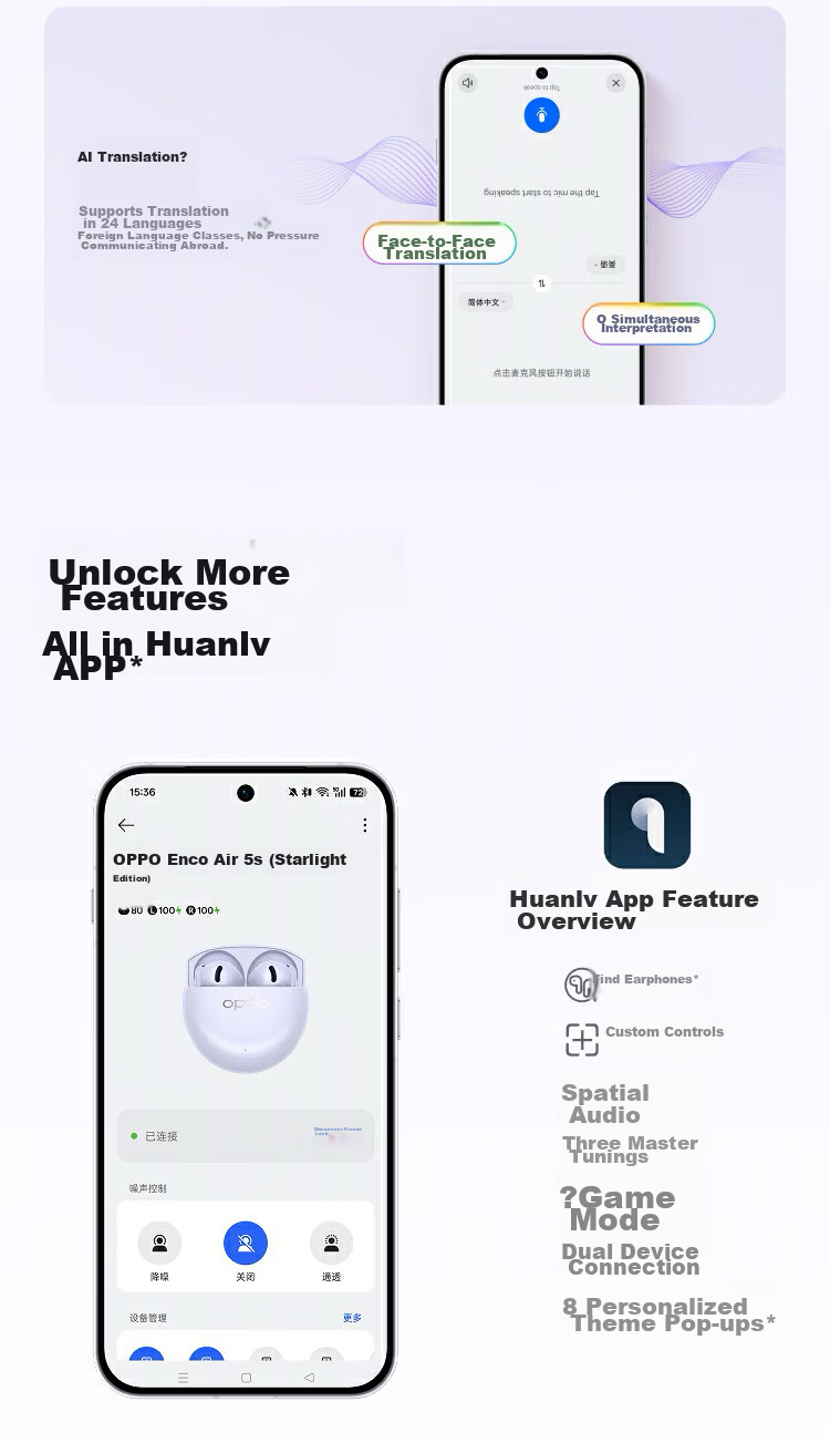 OPPO Enco Air5s True Wireless Noise-Cancelling Bluetooth Earphones Semi-In-Ear Comfortable Noise Reduction Universal for Huawei Xiaomi OnePlus Apple Starlight Edition Starlight Purple 14