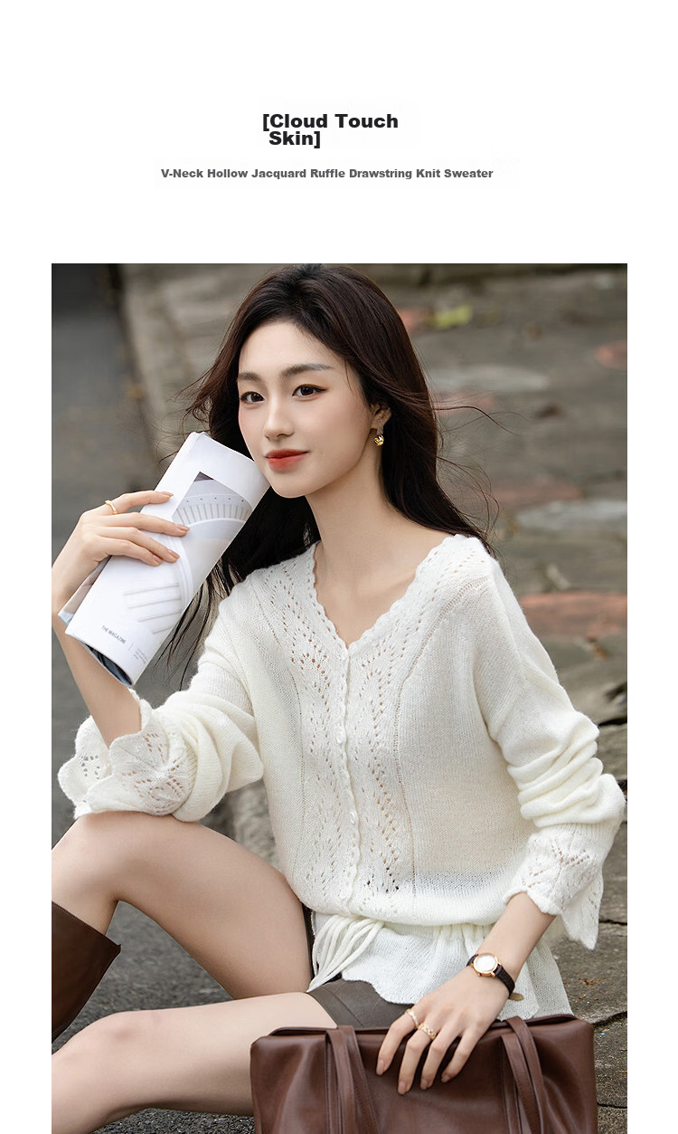 Demana Mohair Wool Blend Autumn V-Neck Hollow Jacquard Ruffle Drawstring Slim Knit Sweater for Women 5