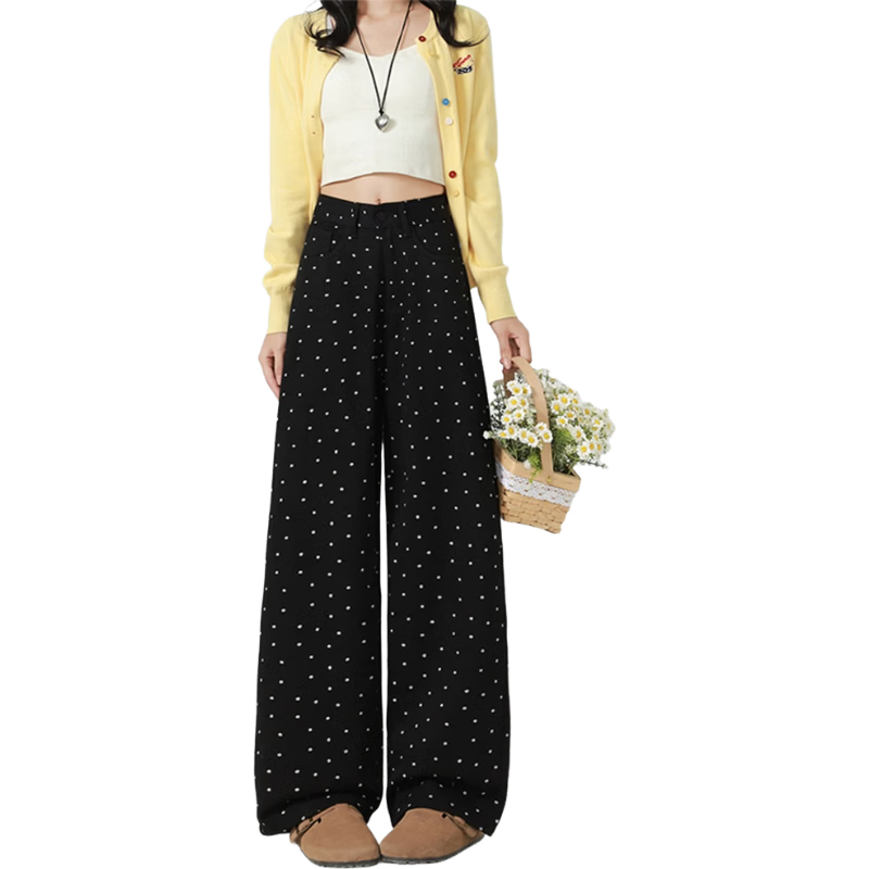 Jeanswest High-Waist Design Women's Jeans Spring Summer Printed Polka Dot Floral Slim Straight Wide-Leg Pants Black M