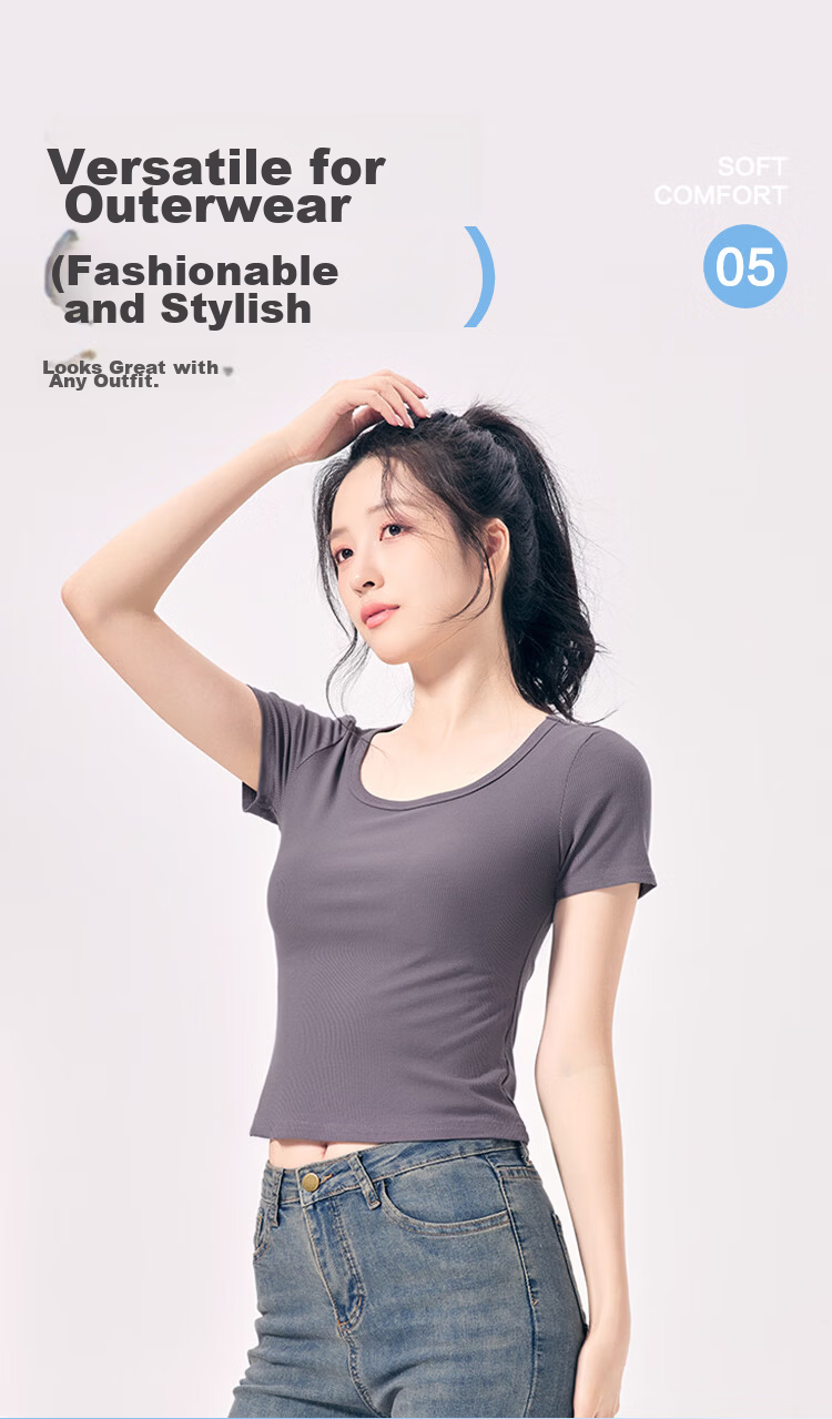 Hodo Women's T-Shirt 10A Antibacterial Smooth Modal Stretch Ribbed Slim Fit Versatile Short Sleeve Top 5