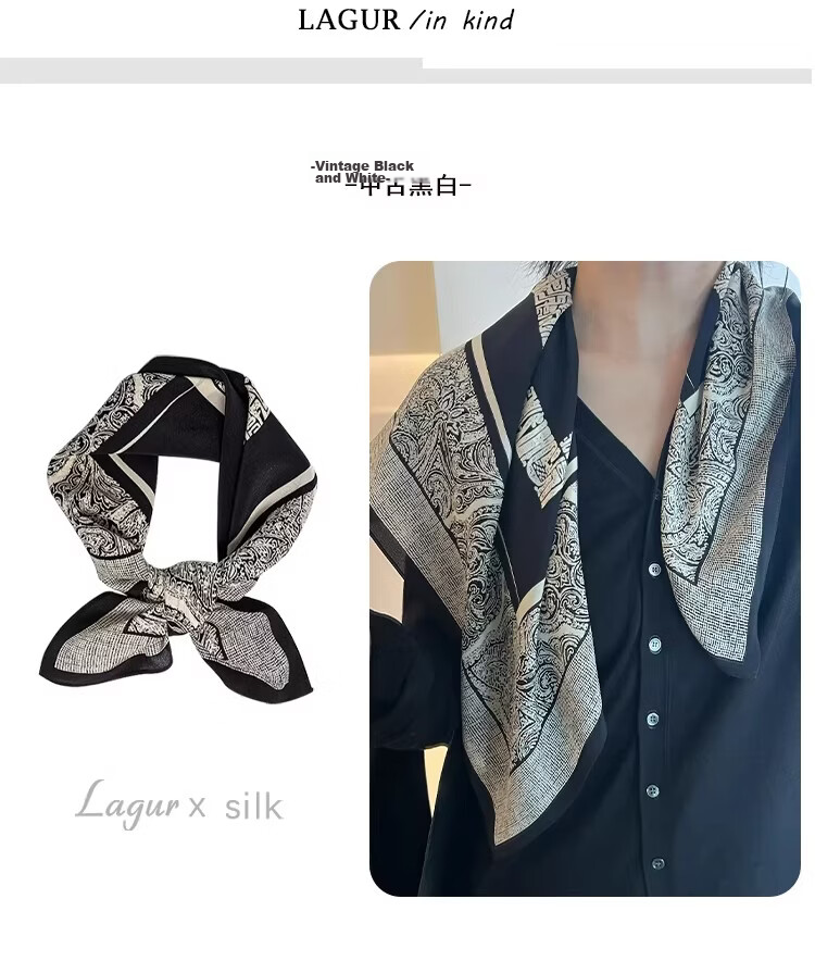 Lagur French Vintage Classic High-End Black and White 100% Mulberry Silk Square Scarf Versatile Neck Scarf for Women 11
