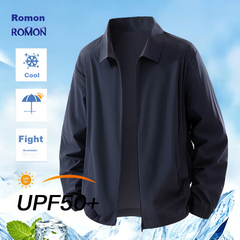 ROMON Men's Sunscreen Jacket Summer Ice Silk Cooling Executive Blazer Business Quick-Dry Suit Coat Dark Blue L