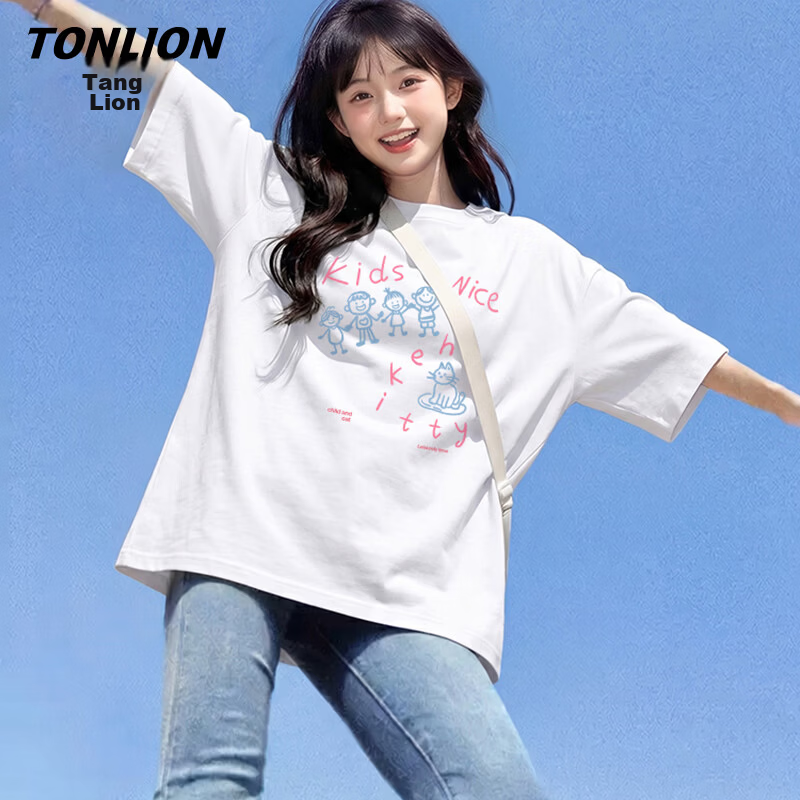 TonLion Women's Short Sleeve T-Shirt Summer Cotton Simple Korean Style Trendy Casual Loose Fit Basic Round Neck Tee