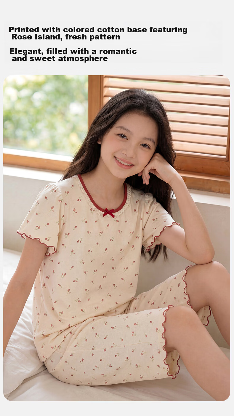 Dingguagua Girls' Short Sleeve Summer Pajama Set, Lightweight A-Class Pure Cotton Breathable Sleepwear for Ages 6-12, Junior High School Student Size 170 13