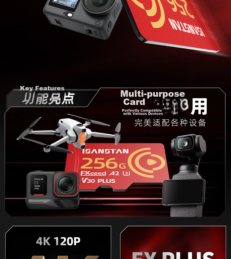 ISANSTAN 64GB Storage Card for DJI Pocket 3/4 High-Speed Memory Card for Action 6/5 Pro Sports Camera 4K Recording TF Card U3 V30 Grade 3