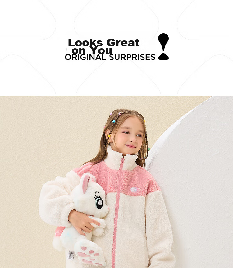 Disney Kids Girls Faux Lamb Wool Stand Collar Colorblock Warm Jacket Winter 2023 DB341IE06 Pink White Size 120 12