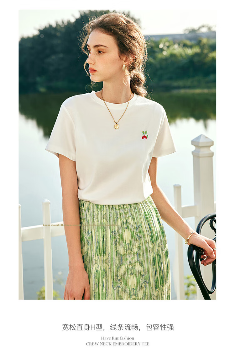 Olrain French Style Short Sleeve T-Shirt Summer Women's Loose Embroidered Lightweight Top Beige S 9