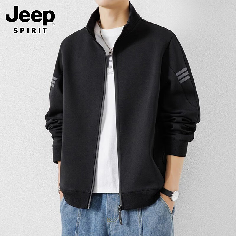 JEEP SPIRIT Men's Autumn Jacket Hoodie Zip-up Casual Sports Stand Collar Black XL