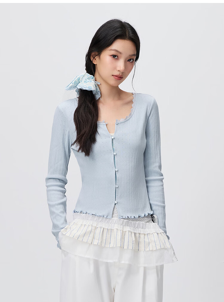 Semir [Pure Cotton] Long Sleeve T-Shirt Women 26 Autumn Short Slim Lace Trim Thin Cardigan 109526101005 19
