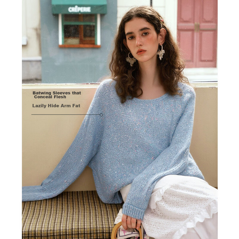 Olrain Eurielle Elegant Off-Shoulder Batwing Sleeve Knit Pullover Sweater Blue M Spring New Arrival