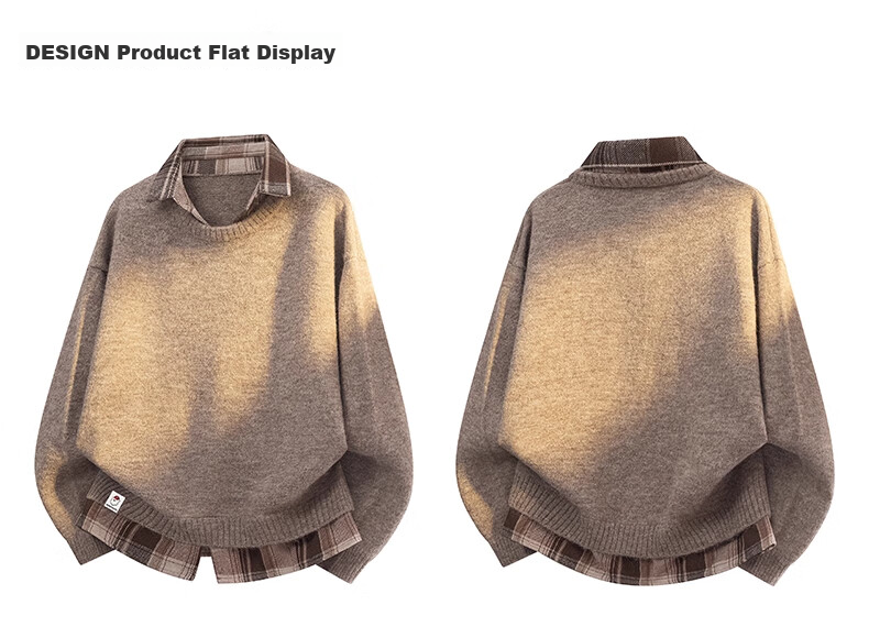:CHOCOOLATE Men's Spring and Autumn New Fake Two-Piece Knit Sweater Jacket Loose Fit Long Sleeve Sweater Brown Camel 3XL 5