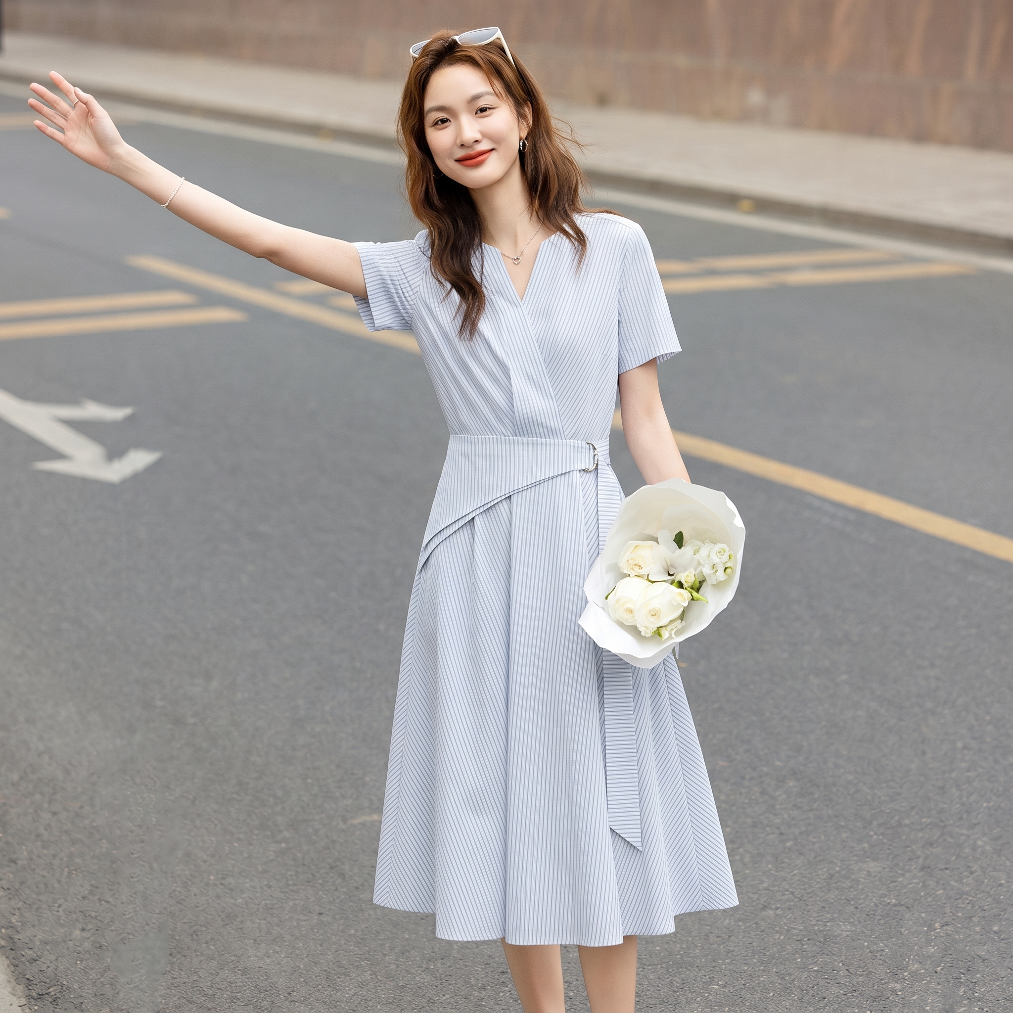 Demana Lightweight Cloud Oxygen Cotton Summer Simple Commuter V-Neck Striped Waist Belt Tie Waist A-Line Women's Dress