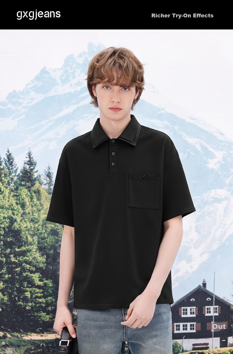 Gxgjeans Men's Simple Commuter Double Collar Lapel Short Sleeve Polo Shirt 26 Summer New Black 180/XL 7