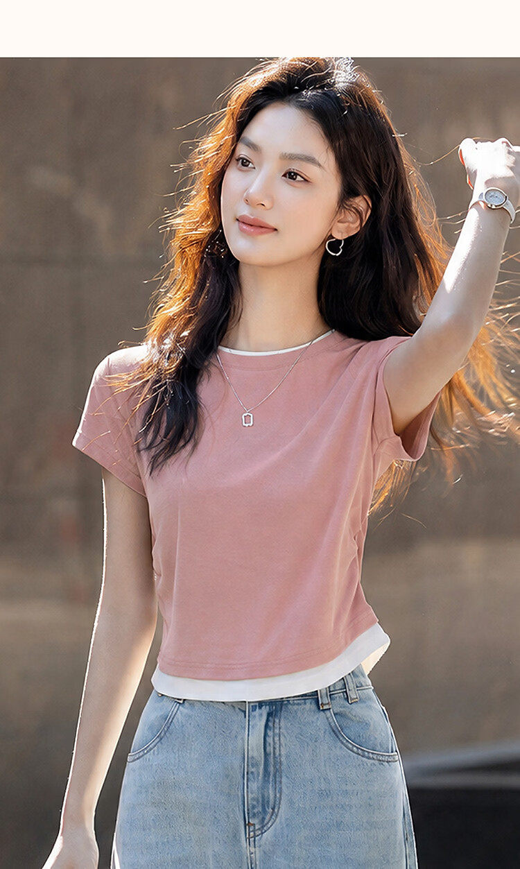 Demana [with Lyocell] Summer Elegant Colorblock Crew Neck Short Sleeve Slim Fit T-Shirt for Petite Women 34
