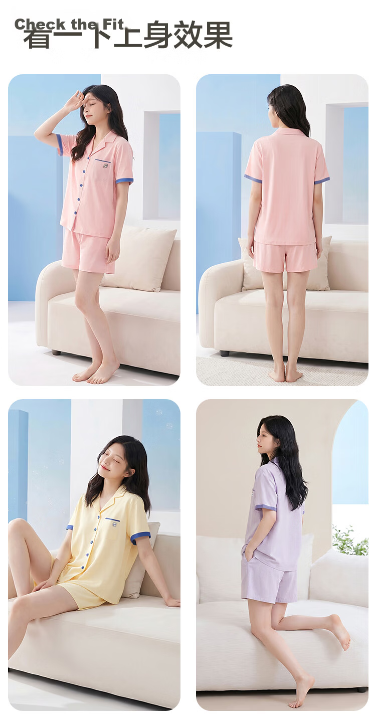 Hodohome Women's 7A Antibacterial Pure Cotton Summer Pajama Set Short Sleeve Foam Purple S 15