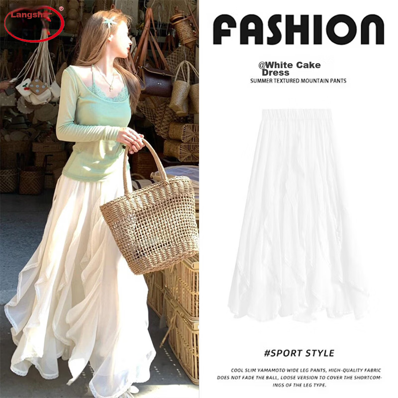 Langsha Women's Half-Length Skirt 2026 Summer New Ruffle Fairy Tulle Skirt High Waist Slim Fit Mid-Length Cake Skirt