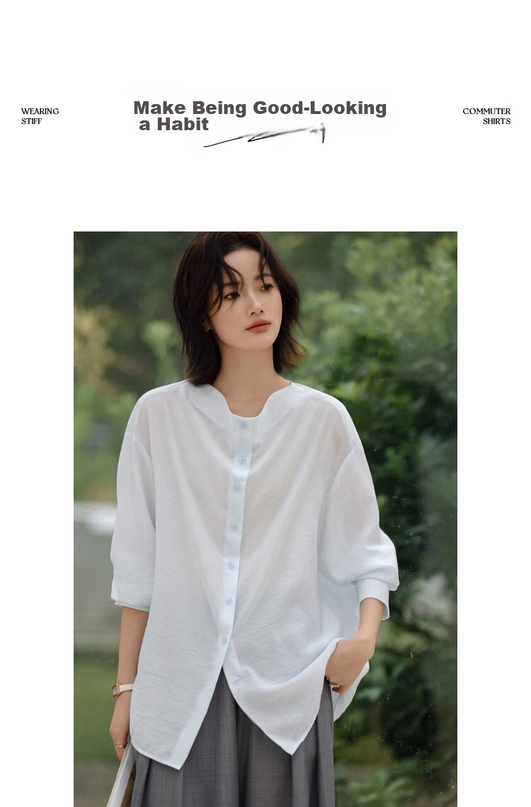 Demana [Yunjian Shiyi] Spring Simple V-Neck Button-Down Loose Fit Slimming Elegant Women's Shirt 10