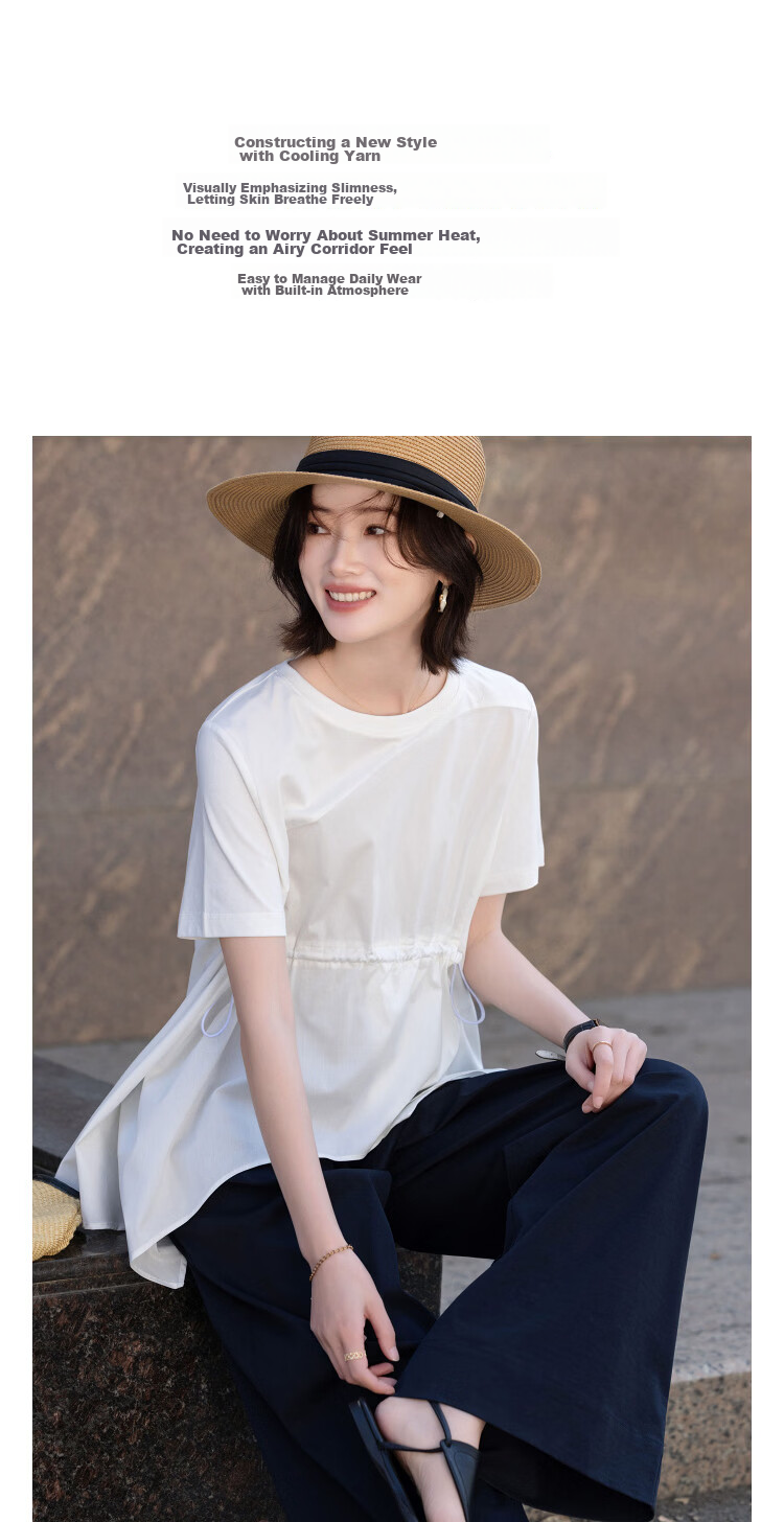 Demana [Cool Feeling Sorona] Summer Simple Round Neck Drawstring Asymmetric Hem Loose Slim T-Shirt for Women Premium Quality 5