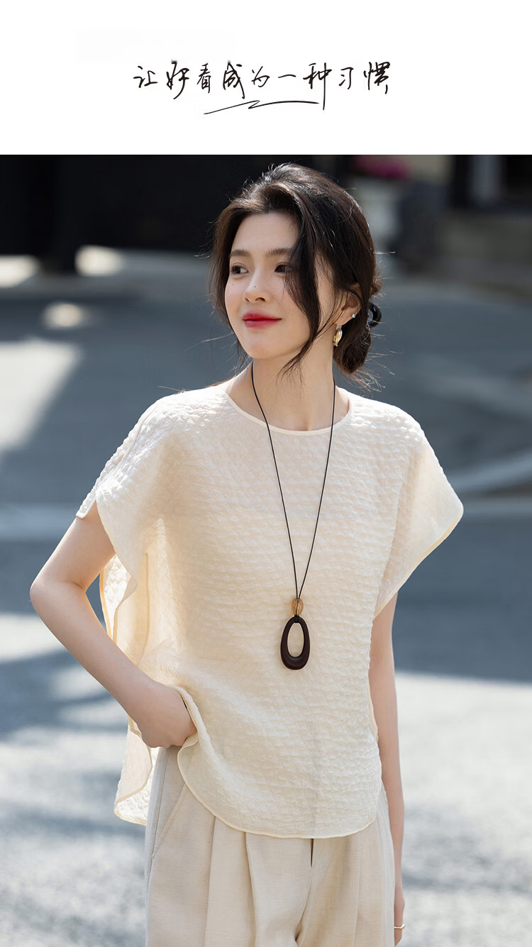 Demana Elegant Urban Summer Glossy Round Neck Drop Shoulder Short Sleeve Loose Slimming Concealed Shirt for Women High-End Feel 1