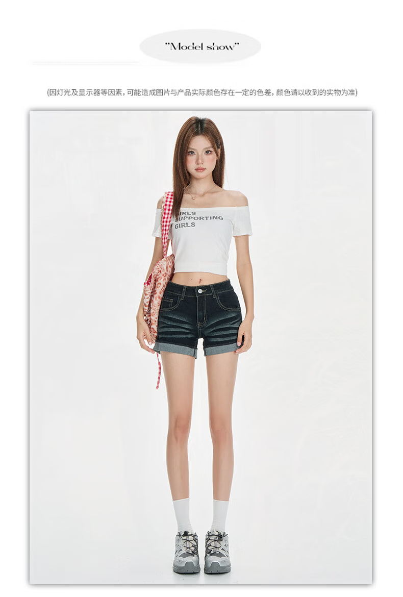 Jeanswest Women's Denim Shorts 2026 Vintage Washed American Style Loose Low Waist Rolled Hem Hot Pants Black M 4
