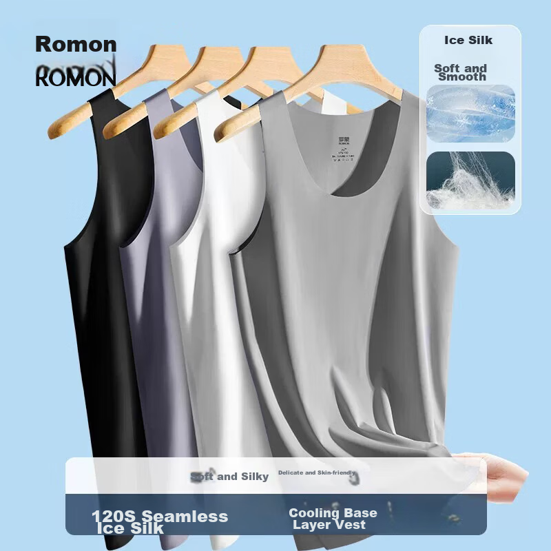 ROMON Seamless Ice Silk Men's Vest Cool Comfortable Summer Thin Casual Sports Tank Top Base Layer Gray 2XL
