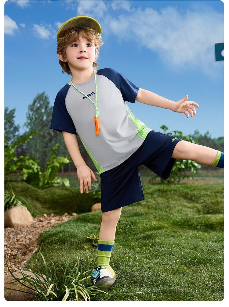 ASK JUNIOR Boys' Quick-Dry Summer Sports Set 2026, Lightweight Breathable Short Sleeve and Shorts Two-Piece, Blue, Size 90 18
