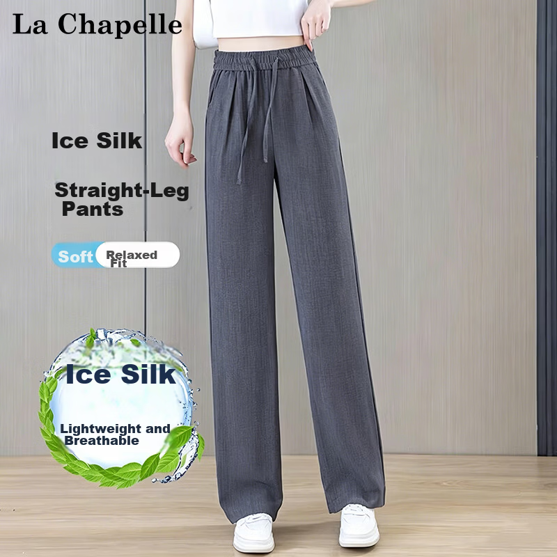La Chapelle Women's High-Waist Straight-Leg Pants Summer Ice Silk Thin Cool Draped Slim Casual Trousers Gray L