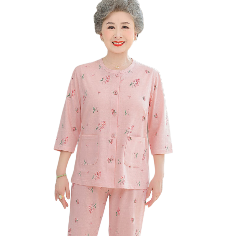 Fengxiao Middle-aged and Elderly Mom Spring Pajama Set Two-piece Pure Cotton Elderly Homewear Grandma Loose Long Sleeve Suit