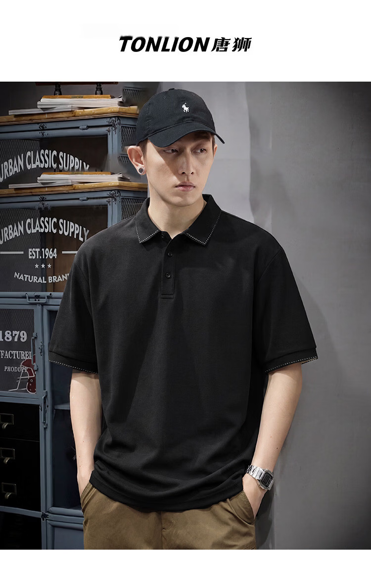 TonLion Summer Men's Short Sleeve Polo Shirt 2026 New Lapel Unique Design Black Casual Minimalist Business Style 2