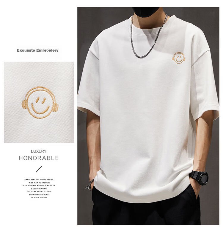 Pierre Cardin Men's Short Sleeve T-Shirt Summer Trendy Smiley Embroidery Loose Fit Crew Neck Heavyweight Cotton Top Dark Gray M 17