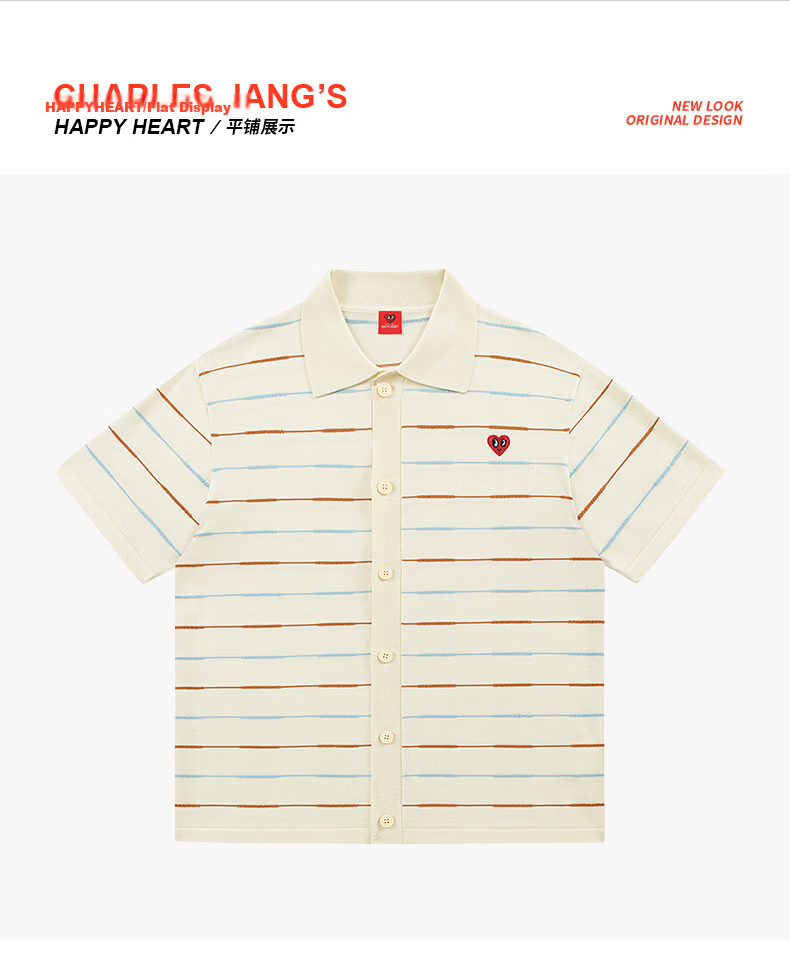 Charles Peach Heart Summer Trendy Small Heart Striped Couple Short Sleeve Polo Shirt Cool Casual Unisex Off-White XS 16