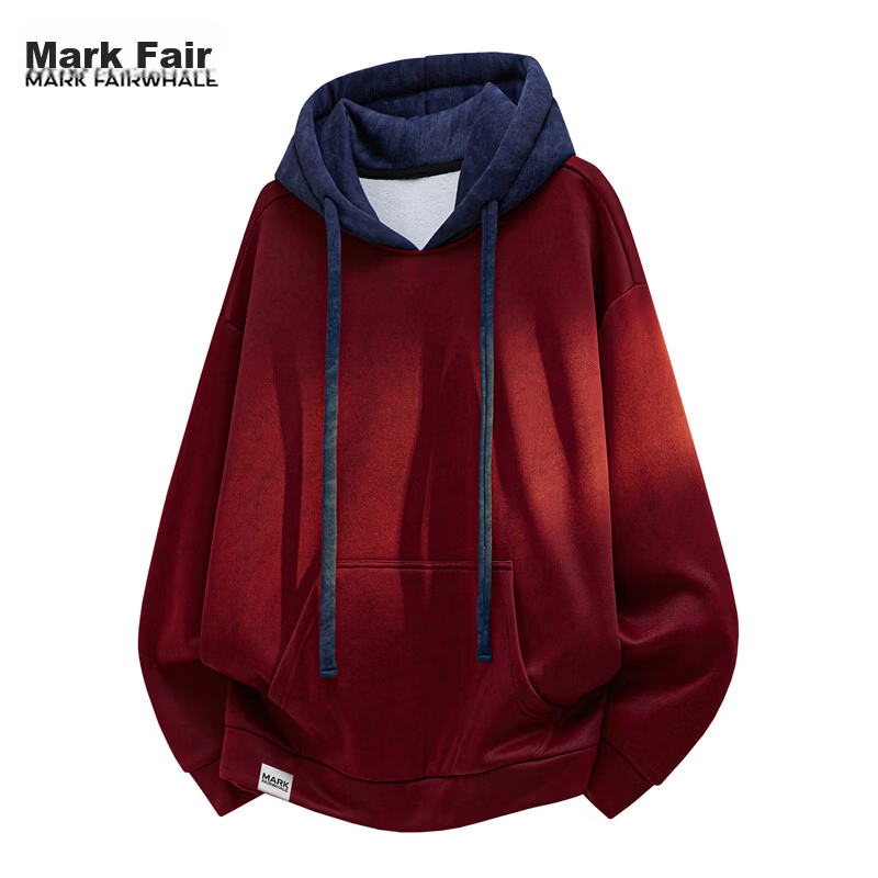 MARK FAIRWHALE Men's Hooded Sweatshirt Spring Autumn Colorblock Casual Jacket Loose Fit Dark Red 4XL