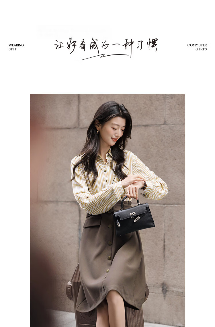 Demana [Smart Urban] Spring Satin Striped Faux Pocket Spliced A-Line Belted Petite Women's Dress 10