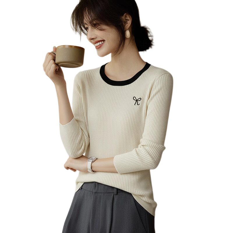 She Enjoy Women's Knitwear Round Neck Thin Sweater Lightweight Knit Top Spring Autumn Versatile Color-Block Collar T53Z155