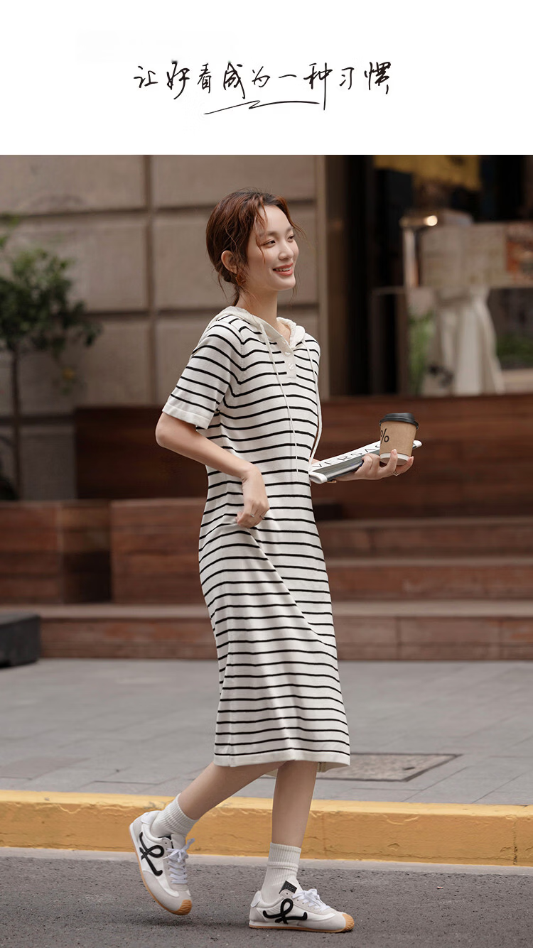 Demana [Wool and Mulberry Silk Blend] Spring Vintage Style Hooded Crochet Stripe Loose Slim Fit Women's Dress 1