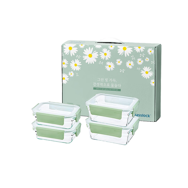 GLASSLOCK Tempered Glass Heat-Resistant Baking Oven-Proof Lunch Box Set for Office Workers And Students, Sealed Food Storage Container, 4-Piece Set in Gift Box