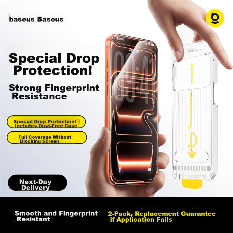 Baseus Anti-Fingerprint Film [Professional Anti-Fingerprint] Compatible with iPhone 17/16 Pro Tempered Glass Screen Protector for Apple 17/16 Pro, HD Anti-Drop Dust-Free 2-Pack