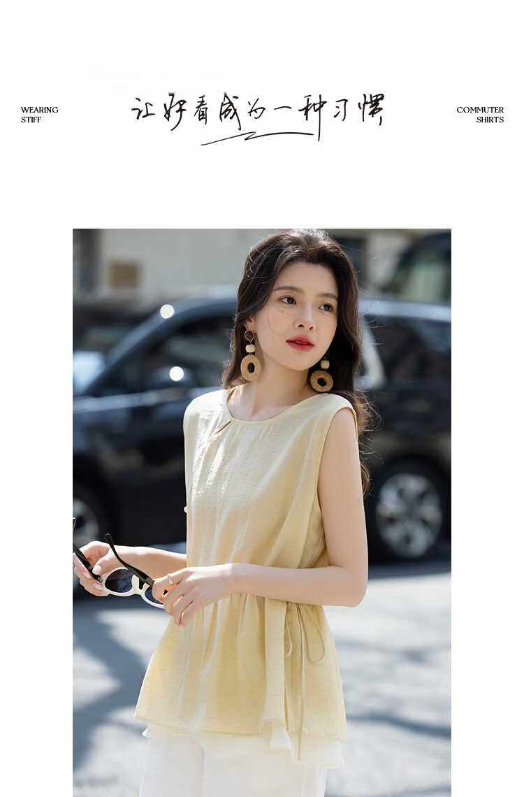 Demana [With Linen] Summer National Style New Chinese Round Neck Asymmetric Double-Layer Spliced A-Line Slimming Shirt for Women Premium Feel 10