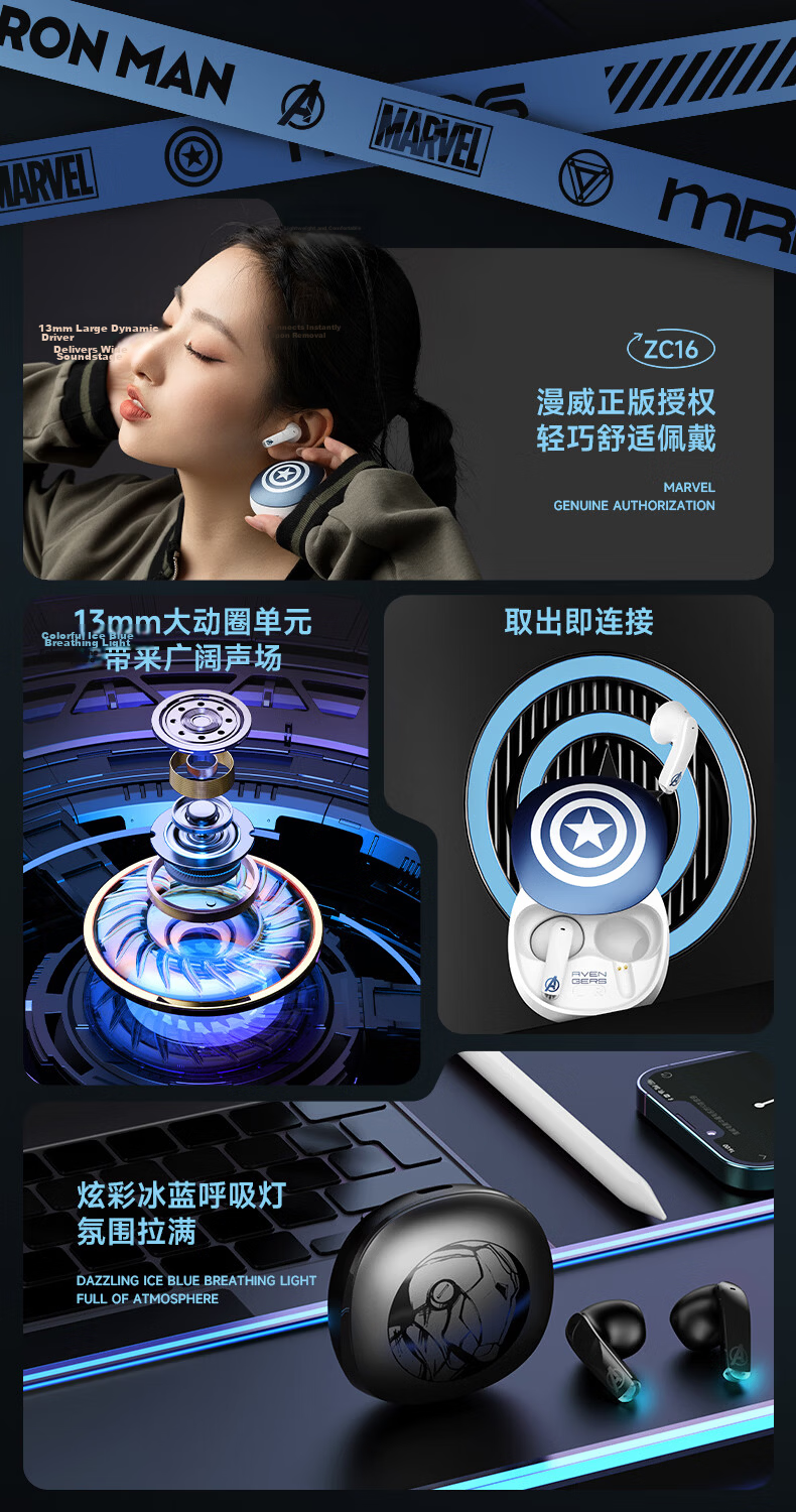 Disney Bluetooth Wireless Semi-In-Ear Music Sports Gaming Earphones Long Battery Life Commuting Back-to-School Gift for Boys Compatible with Apple Huawei ZC16 Captain America 2