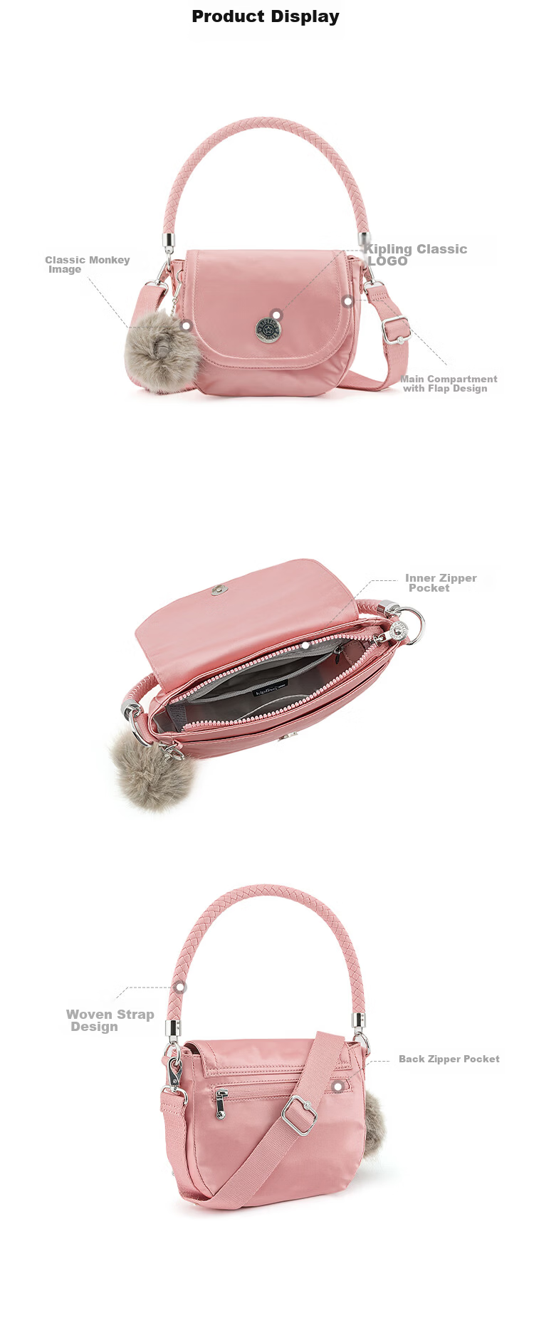 Kipling Fashion Trend BREEN Petal Pink Women's Shoulder Bag Birthday Gift Crossbody Bag 3
