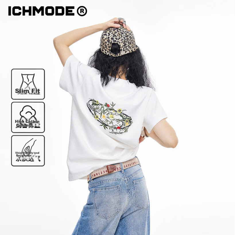 ICH MODE American Style Floral Embroidery Shoulder-Fitting Short Sleeve T-Shirt Women Spring Summer New Slim Fit Half High Neck Half Sleeve Top White L