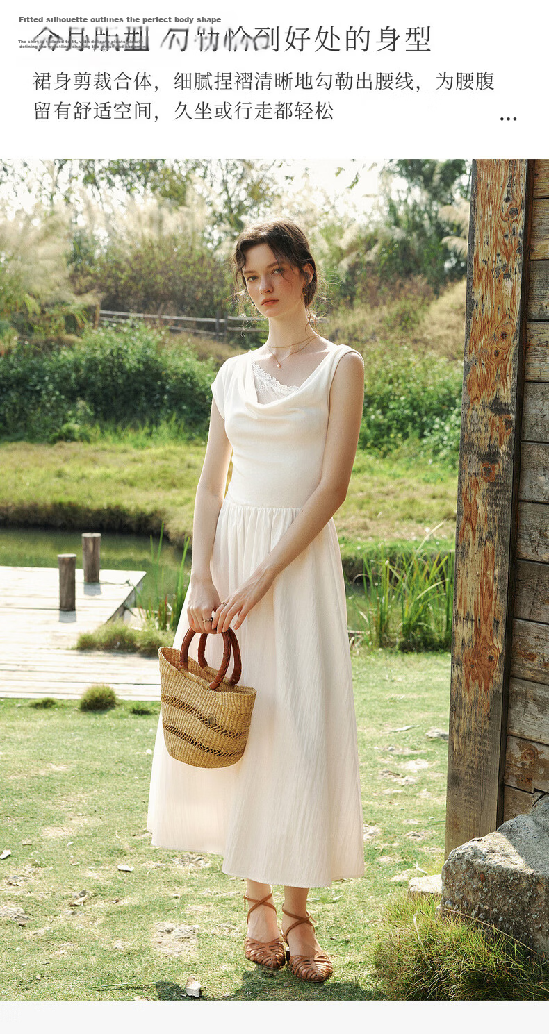 Olrain Eurielle Summer Lyocell Dress French Asymmetric Off-Shoulder Lace Splice Waist Dress White L 5