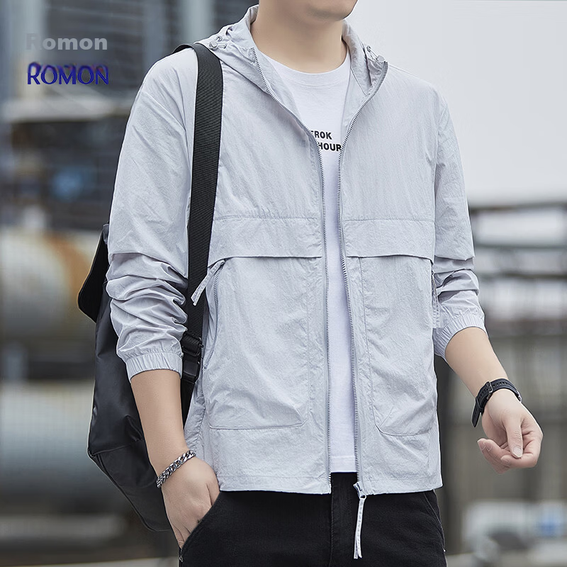 ROMON Men's Summer Outdoor Water-Repellent Fishing Jacket Breathable Ice Silk Cooling Coat 2682 Light Gray XL